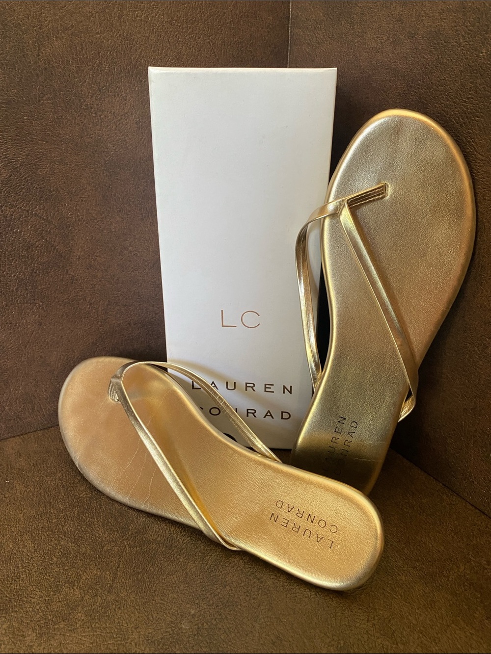 LC Lauren Conrad Gold Metallic Strappy Thong Sandals